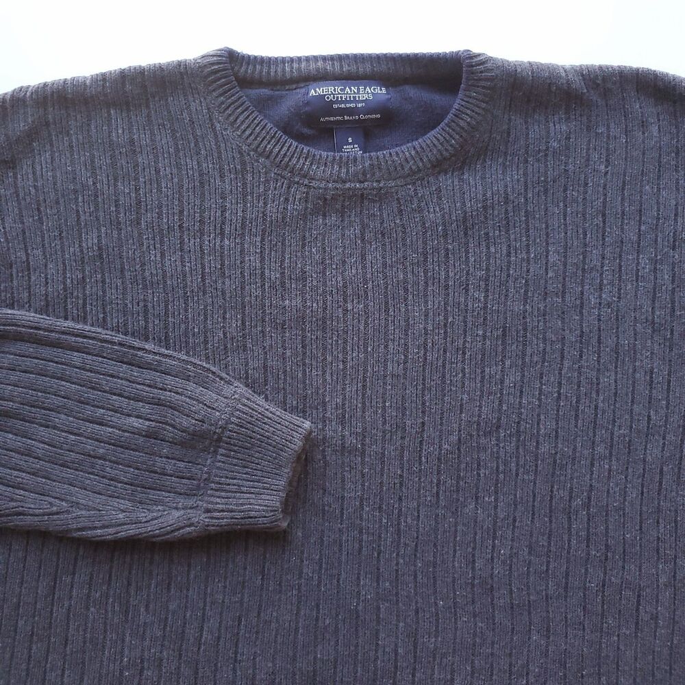 Vintage Y2K Ribbed Sweater Mens S Gray Cotton Wool Blend Pullover 90s 2000s